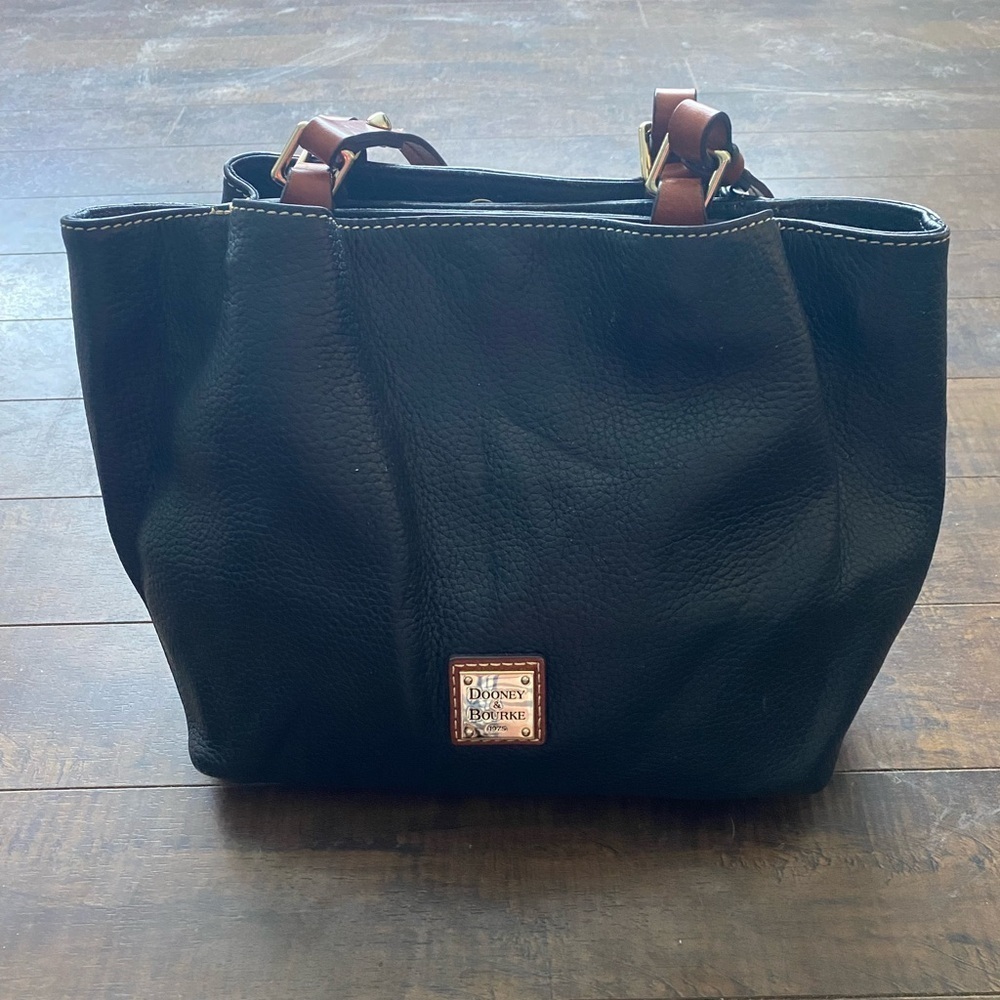 Dooney & Bourke Black Leather Shoulder Bag with Brown Handles - Picture 2 of 14
